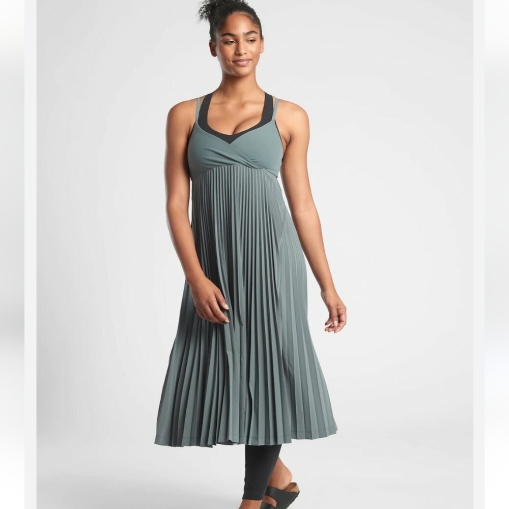 Athleta Pleated Sage Green Midi Dress